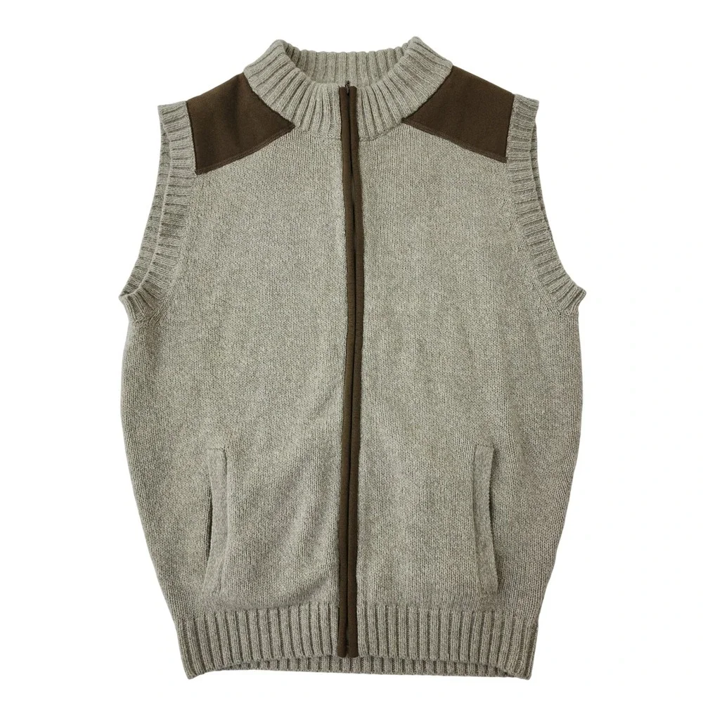 Cabelas Outfitter Series Mens Medium Full Zip Sweater Vest Oatmeal Brown Patches